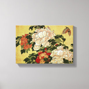 Impressão Em Tela 北 斎 Hokusai Peonies e Borboletas Belas Artes