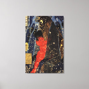 Impressão Em Tela 坂 田 時 と 巨 鯉, 金, Sakata Kintoki & Huge Carp, Kuniyo