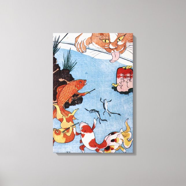 Impressão Em Tela 猫 と 魚, 国 芳 Cat e Goldfish, Kuniyoshi, Ukiyo-e (Frente)
