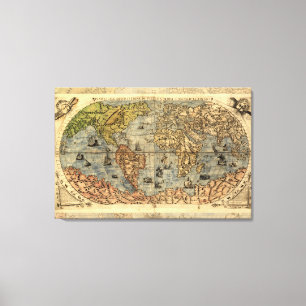 Impressão Em Tela 1565 Mapa Antigo do Mundo de Forlani Cartografia V