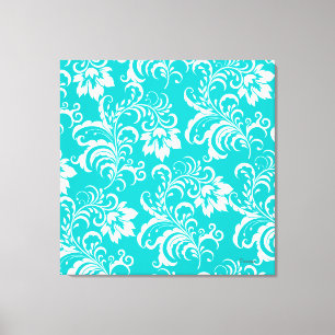 Impressão Em Tela 1 Tela Azul Teal Branco Floral Damask