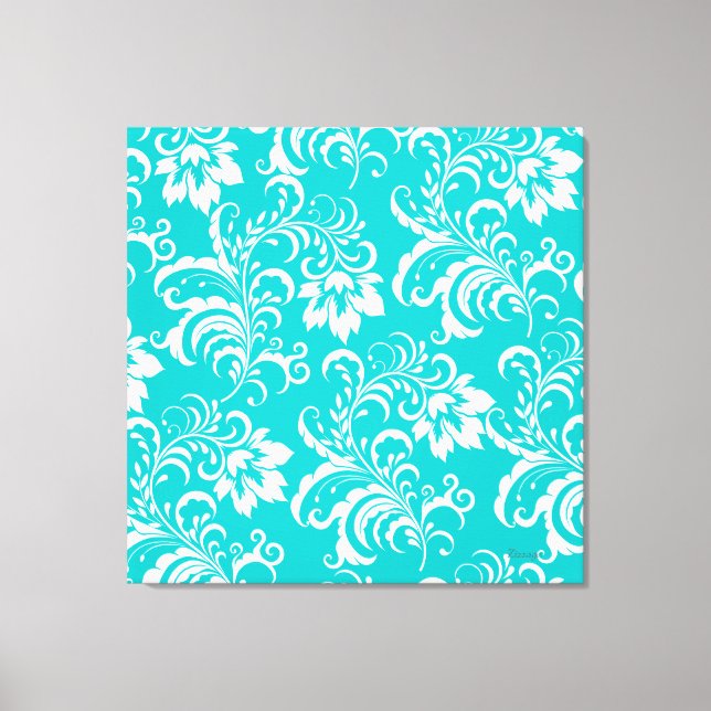 Impressão Em Tela 1 Tela Azul Teal Branco Floral Damask (Frente)