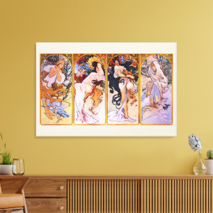 Impressão Em Tela 4 Estações de Alphonse Mucha, Arte Nova Vintage