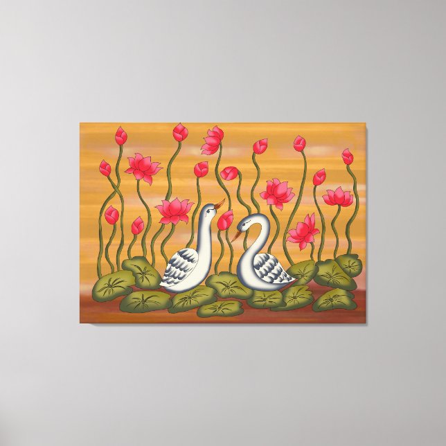 Impressão Em Tela A beautiful coupal swan with lotus flower..... (Frente)
