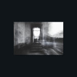 Impressão Em Tela Abandoned Staircase Ghostly Doorway Blur<br><div class="desc">A wide stone staircase rises toward an open arched doorway in an abandoned grand interior, captured in stark black and white. Thick motion blur and ghostly double-exposure layers overlap walls, steps, and cracked plaster, creating an ethereal, dreamlike veil across the scene. Soft daylight pours through the threshold, revealing overgrown foliage...</div>