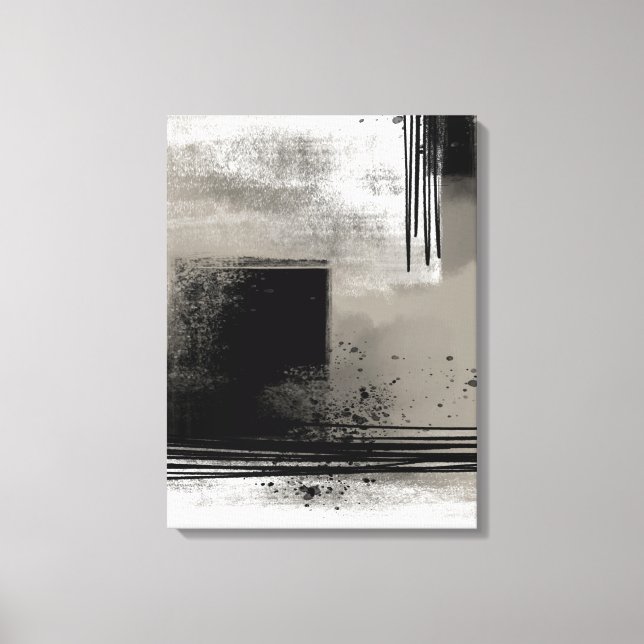 Impressão Em Tela Abstrato de pintura neutra bege e preto (Frente)