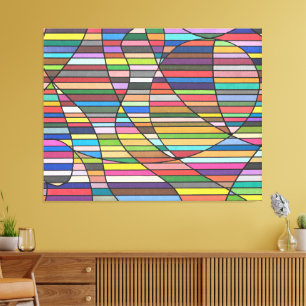 Impressão Em Tela Abstrato Listrado Multicolorido com Curvas Fluídas