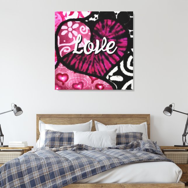 Impressão Em Tela Abstrato Love Heart Pink Floral Bolinhas Pretas (Insitu(Quarto))