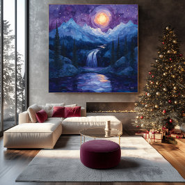Impressão Em Tela Abstrato Moonlit Waterfall com Starry Night Moon