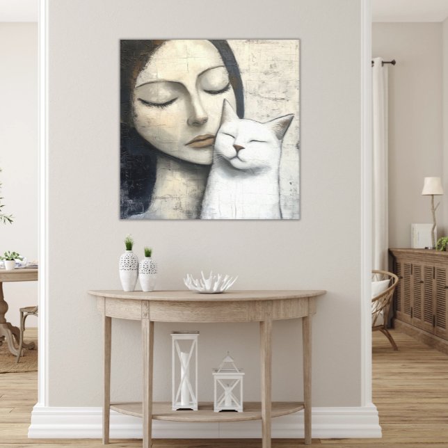 Impressão Em Tela Abstrato, Mulher Incrível, Gato Branco Feliz (Printed Canvas Abstract Woman's Face with White Cat, Peaceful Snuggle Modern Neutral Art)