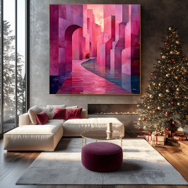 Impressão Em Tela Abstrato rosa monocromática Cityscape com caminho