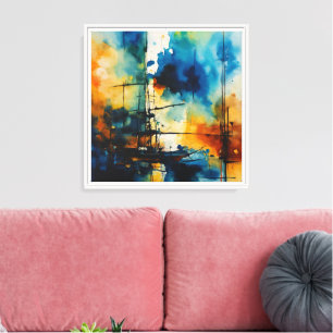 Impressão Em Tela Abstrato Watercolor Azul e Laranja Moderno