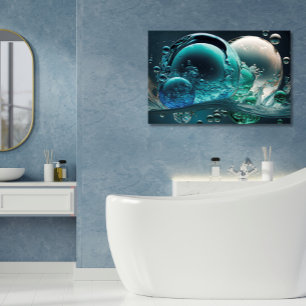Impressão Em Tela Água em Movimento: Teal Horizontal e Bolhas Branca