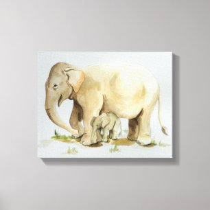Impressão Em Tela Aguarela 14x11 da mãe e do bebê do elefante