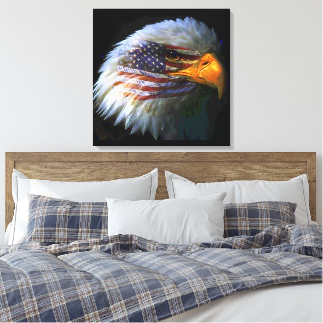Impressão Em Tela Águia Americana e Bandeira Americana (Insitu(Quarto))