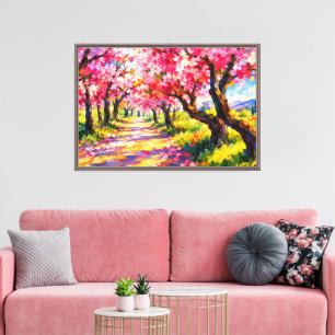 Impressão Em Tela Álamos de Árvores Sakura Texturizadas - Colorido  