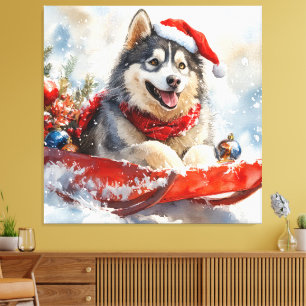 Impressão Em Tela Alaskan Malamute em Sledge Deixe-o nevar no Natal