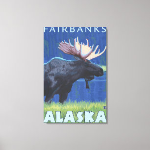 Impressão Em Tela Alces na noite - Fairbanks, Alaska