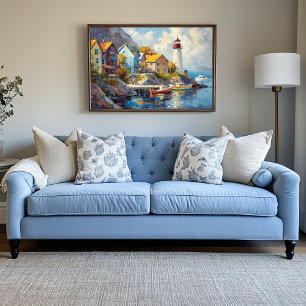 Impressão Em Tela Aldeia costeira com casas e farol coloridos