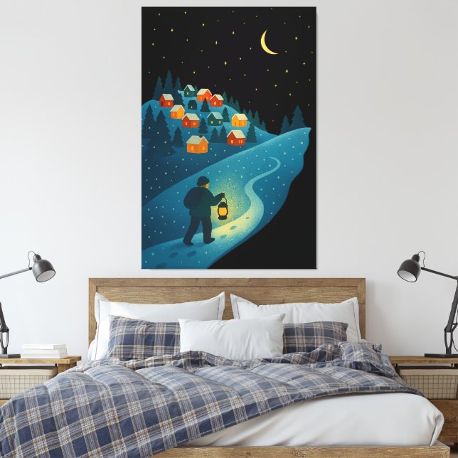 Impressão Em Tela Aldeia de Inverno Caminhada Noturna com Lanterna e (Insitu(Quarto))