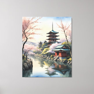 Impressão Em Tela Amanhecer de Sakura no Templo