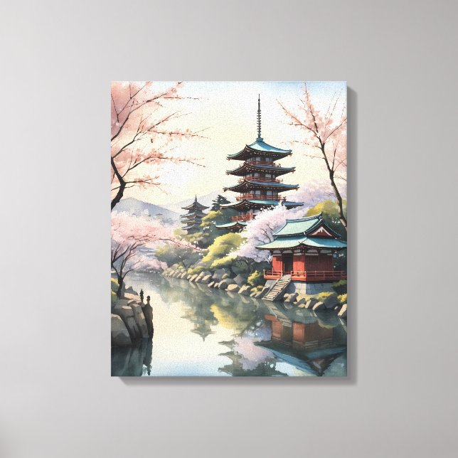 Impressão Em Tela Amanhecer de Sakura no Templo (Frente)