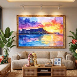 Impressão Em Tela Amanhecer Waikiki Diamond Head Aquarela Havaí