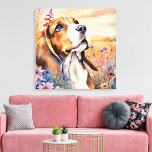 Impressão Em Tela Amante de Cachorro Beagle com Prado de Flores Silv