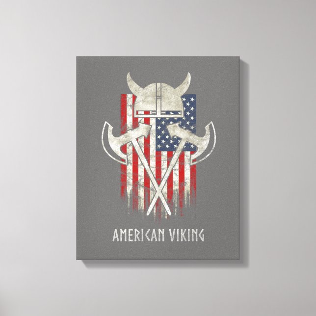 Impressão Em Tela American Viking. Bandeira, Distante, Capacete, Ax (Frente)