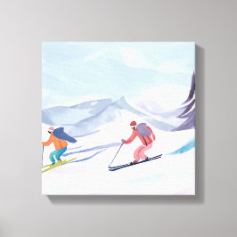 Impressão Em Tela Amigos de Esqui | Montanha de Esqui em Aquarela Bo