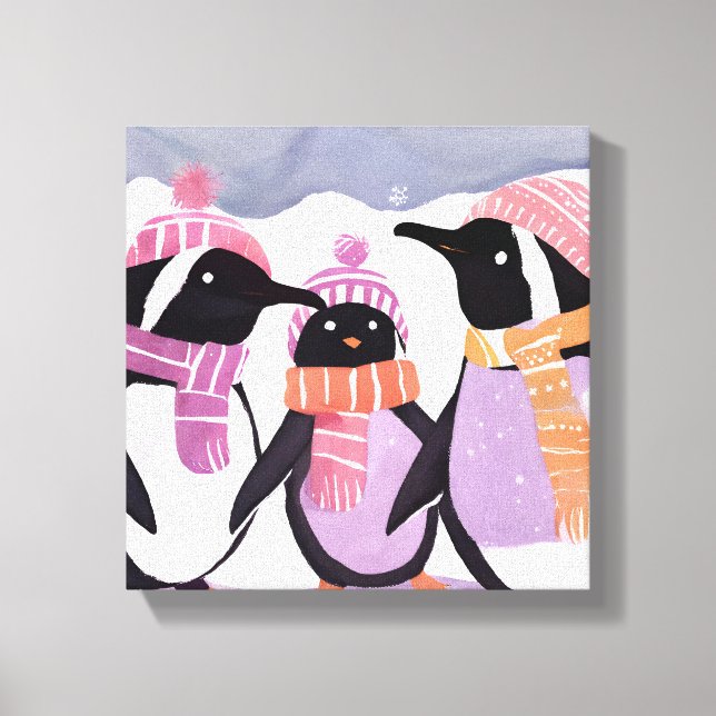 Impressão Em Tela Amigos do Pinguim de Natal | Aquarela de inverno (Frente)
