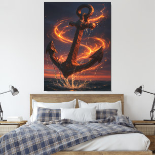 Impressão Em Tela Âncora Rústica Flamejante – Arte Náutica Fantástic