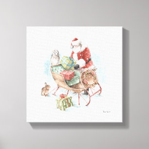Impressão Em Tela Animais da Floresta com Papai Noel e seu Sleigh