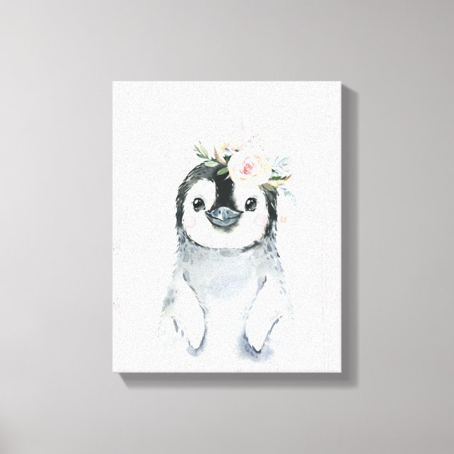 Impressão Em Tela Animais de Neve de Pinguim Bebê Floral em Aquarela (Frente)