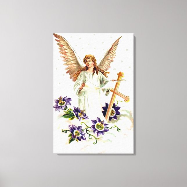 Impressão Em Tela Anjo Com Cruz E Flores De Clematite (Frente)