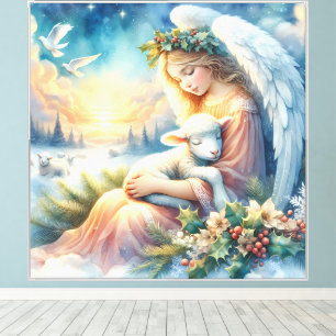 Impressão Em Tela Anjo de Natal com Cordeiro em Paz Invernal