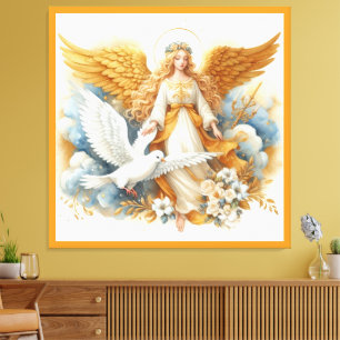 Impressão Em Tela Anjo Guardião Dourado com Pássaro Branco