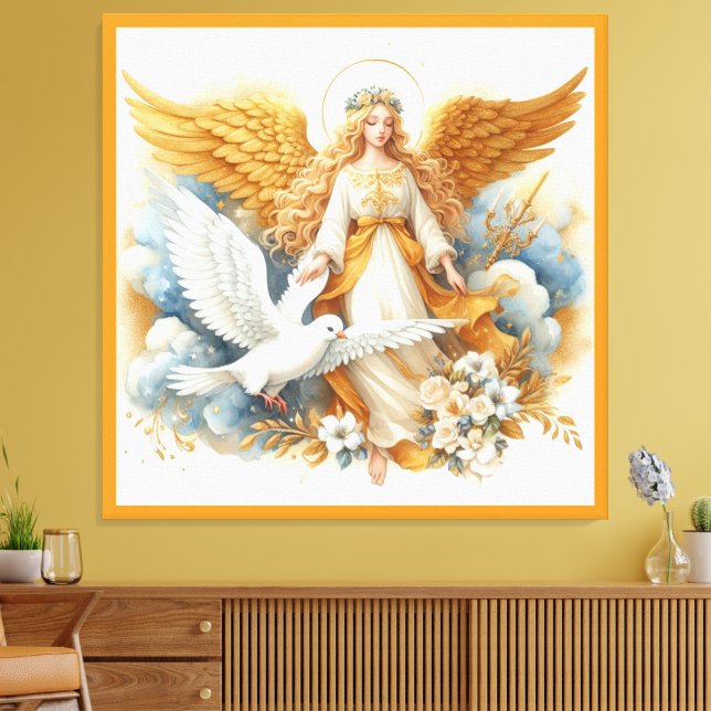 Impressão Em Tela Anjo Guardião Dourado com Pássaro Branco (Insitu(Sala de estar))