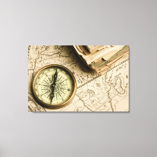 Impressão Em Tela Antigo Compass Sobre Mapa Antigo (Frente)