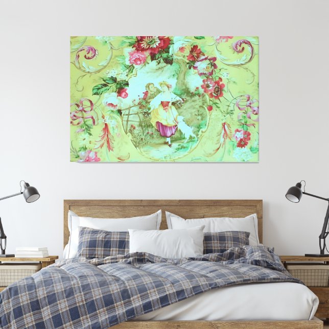 Impressão Em Tela Antiquado estilo Toile Rococo Vitoriano Verde (Insitu(Quarto))