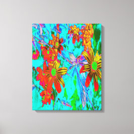 Impressão Em Tela Aqua Tropical com Flores Amarelas e Laranja