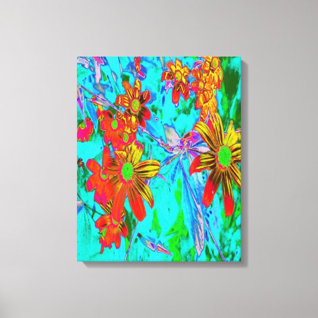 Impressão Em Tela Aqua Tropical com Flores Amarelas e Laranja (Frente)