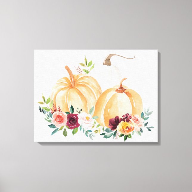 Impressão Em Tela Aquarela Abóboras de Outono e Flores Boho (Frente)