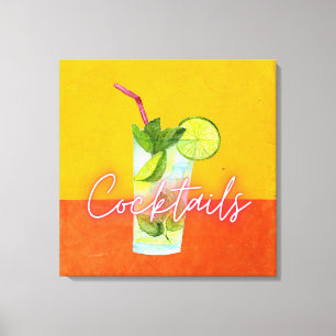 Impressão Em Tela Aquarela Colorida e Coquetéis Neon Arte Bar  
