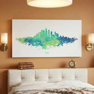 Impressão Em Tela Aquarela da Silhueta de Chicago Azul Verde Arte Ur
