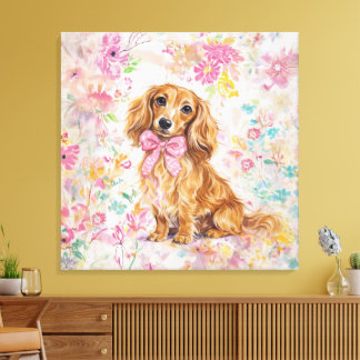 Impressão Em Tela Aquarela Dachshund de Cabelo Longo Floral Pastel