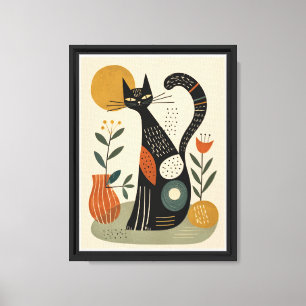 Impressão em tela aquarela de gato e flor