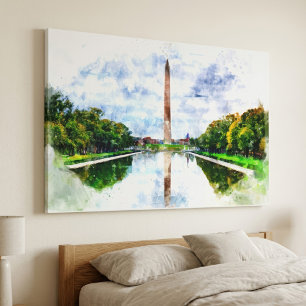 Impressão Em Tela Aquarela do Monumento de Washington com reflexo