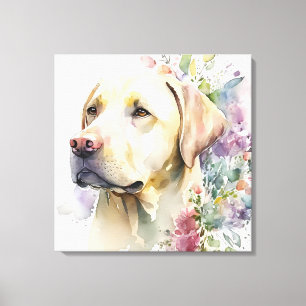 Impressão Em Tela Aquarela Labrador Retriever Dourado e Flores