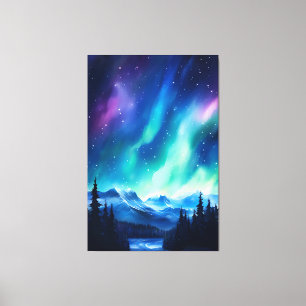 Impressão Em Tela Aquarela Luzes do Norte aurora boreal